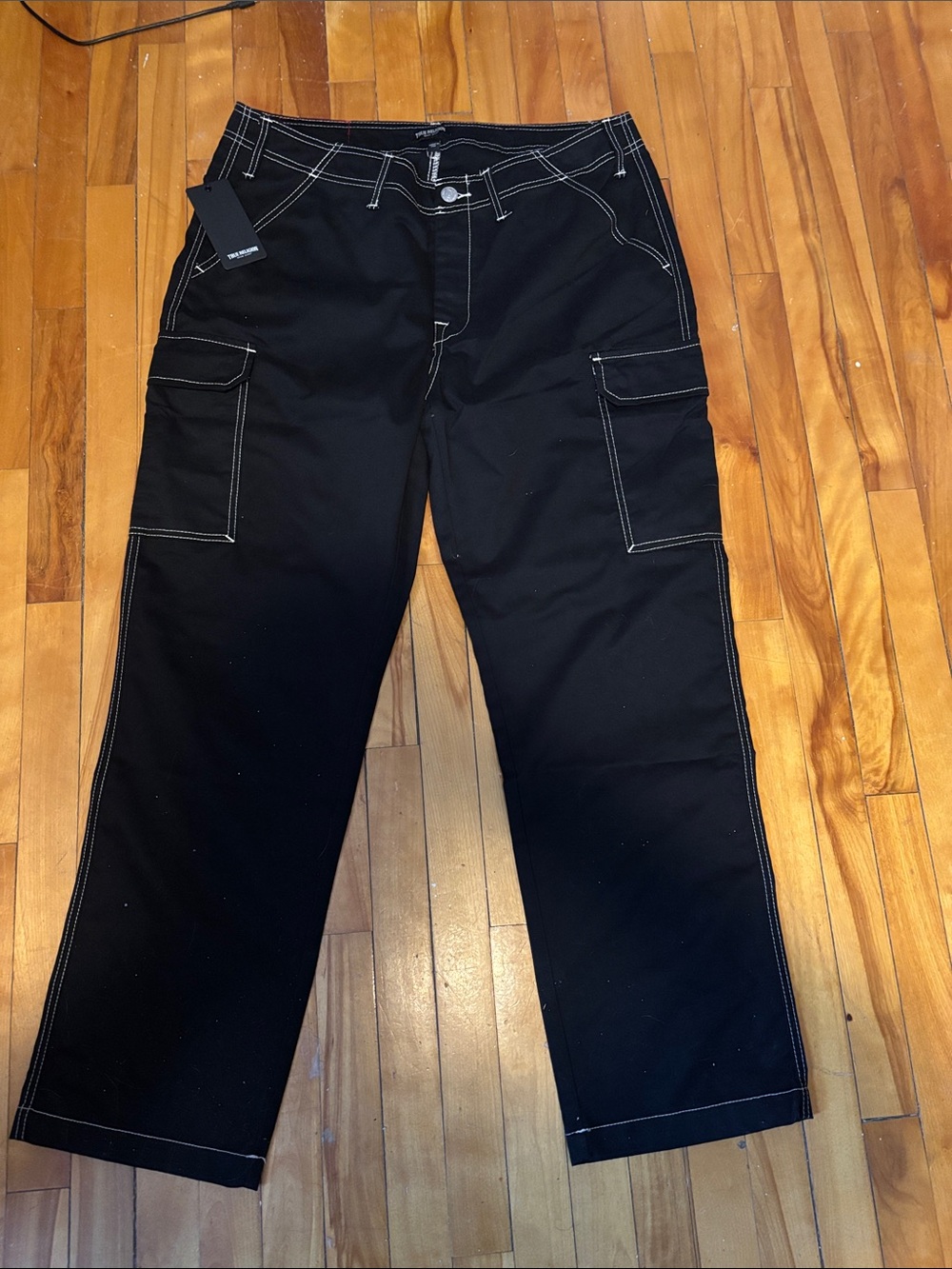 True Religion Black Cargo Pants with White Contrast Stitching NWT